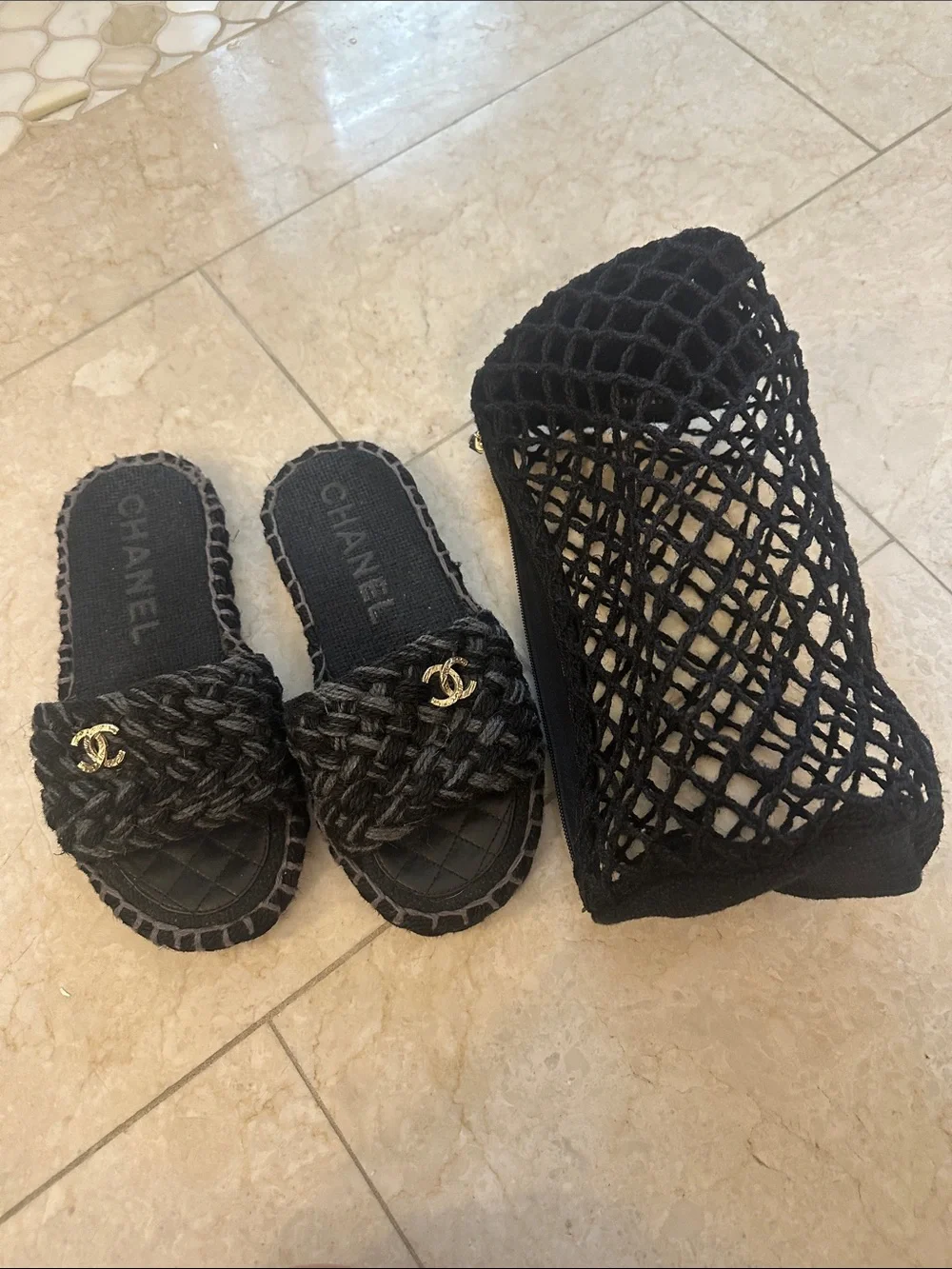 CHANEL Black Braided Slide Sandals with Gold CC Emblem